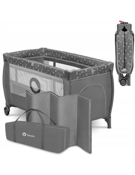 BN-LO-STEFI_PLUS_GREY_WHITE,Lionelo - Patut pliant cu doua nivele, Stefi Plus, Cu intrare laterala cu fermoar, 2 roti, 120x60 cm