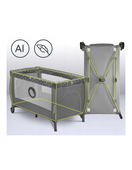 BN-LO-STEFI_PLUS_GREY_WHITE,Lionelo - Patut pliant cu doua nivele, Stefi Plus, Cu intrare laterala cu fermoar, 2 roti, 120x60 cm