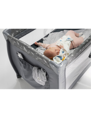 BN-LO-STEFI_PLUS_GREY_WHITE,Lionelo - Patut pliant cu doua nivele, Stefi Plus, Cu intrare laterala cu fermoar, 2 roti, 120x60 cm