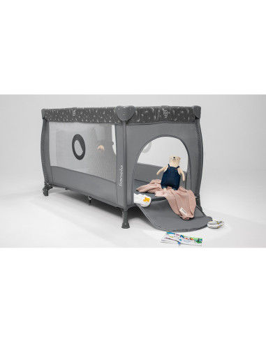 BN-LO-STEFI_PLUS_GREY_WHITE,Lionelo - Patut pliant cu doua nivele, Stefi Plus, Cu intrare laterala cu fermoar, 2 roti, 120x60 cm