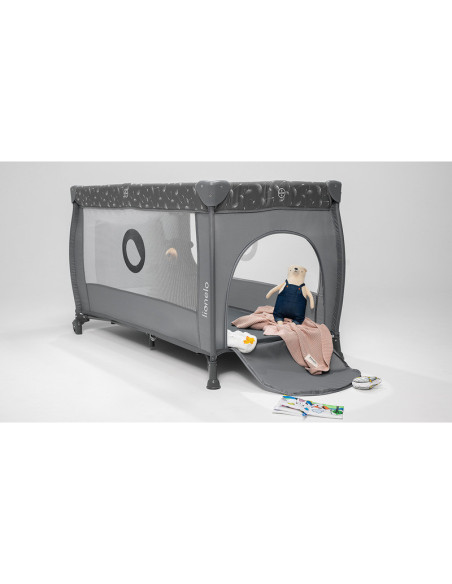 BN-LO-STEFI_PLUS_GREY_WHITE,Lionelo - Patut pliant cu doua nivele, Stefi Plus, Cu intrare laterala cu fermoar, 2 roti, 120x60 cm