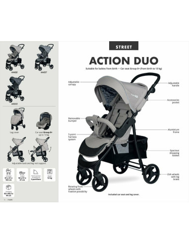 BN-44480,Sistem de calatorie 2 in 1, Carucior Action Duo si scoica auto inclusa, Conform cu standardele europene de securitate E
