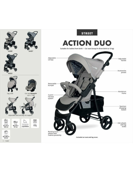 BN-44480,Sistem de calatorie 2 in 1, Carucior Action Duo si scoica auto inclusa, Conform cu standardele europene de securitate E