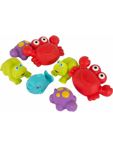 BN-1147974,Set 7 animalute de baie, Fara gauri, Cu gentuta pentru transport, Fara BPA, Floating Sea Friends, Playgro, New Blue