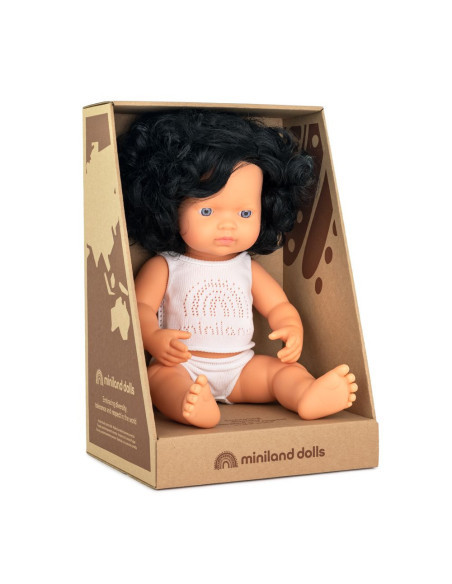 ML31262,Papusa educativa 38 cm Fetita caucaziana cu par negru si ondulat