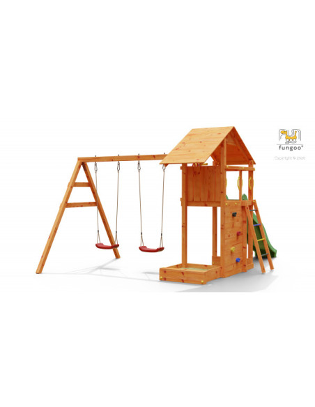 FU06760PTXX2,Complex joaca din lemn Smart 2 cu leagane, zid de catarat si turn Fungoo