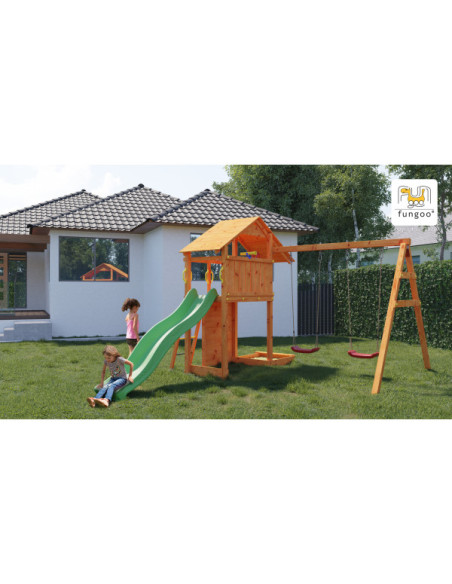FU06760PTXX2,Complex joaca din lemn Smart 2 cu leagane, zid de catarat si turn Fungoo