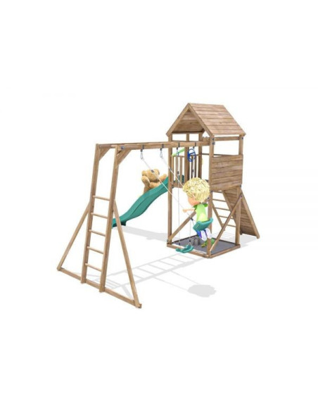 DHPS708-1,Complex de joaca FrontierFort Max cu Monkey Bars si 2 leagane, tobogan verde 2.9 m, Dunster House DHPS708-1,Complex de joaca FrontierFort Max cu Monkey Bars si 2 leagane, tobogan verde 2.9 m, Dunster House