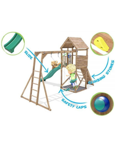 DHPS708-1,Complex de joaca FrontierFort Max cu Monkey Bars si 2 leagane, tobogan verde 2.9 m, Dunster House DHPS708-1,Complex de joaca FrontierFort Max cu Monkey Bars si 2 leagane, tobogan verde 2.9 m, Dunster House