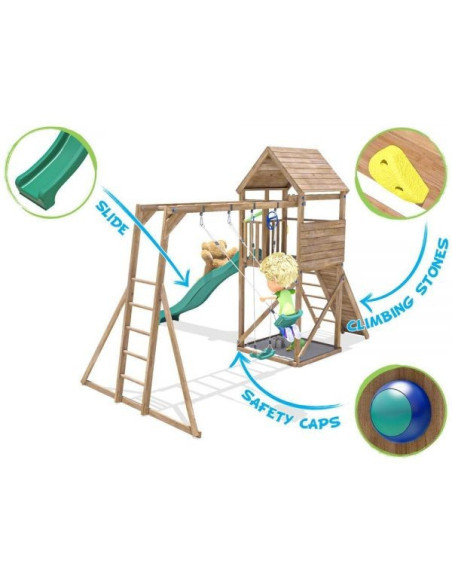 DHPS708-1,Complex de joaca FrontierFort Max cu Monkey Bars si 2 leagane, tobogan verde 2.9 m, Dunster House DHPS708-1,Complex de joaca FrontierFort Max cu Monkey Bars si 2 leagane, tobogan verde 2.9 m, Dunster House