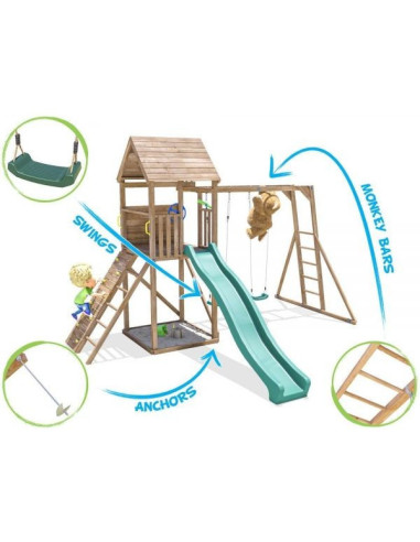 DHPS708-1,Complex de joaca FrontierFort Max cu Monkey Bars si 2 leagane, tobogan verde 2.9 m, Dunster House DHPS708-1,Complex de joaca FrontierFort Max cu Monkey Bars si 2 leagane, tobogan verde 2.9 m, Dunster House
