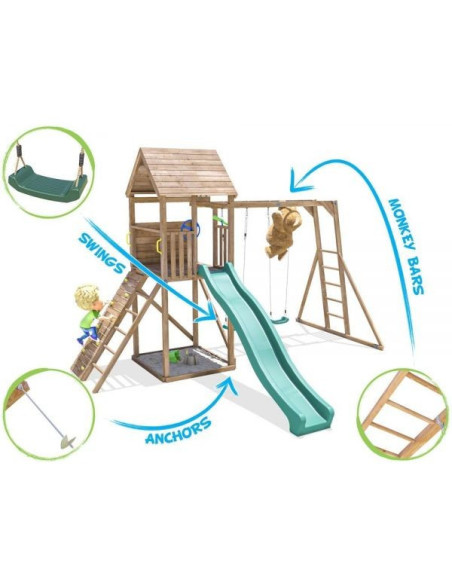 DHPS708-1,Complex de joaca FrontierFort Max cu Monkey Bars si 2 leagane, tobogan verde 2.9 m, Dunster House DHPS708-1,Complex de joaca FrontierFort Max cu Monkey Bars si 2 leagane, tobogan verde 2.9 m, Dunster House