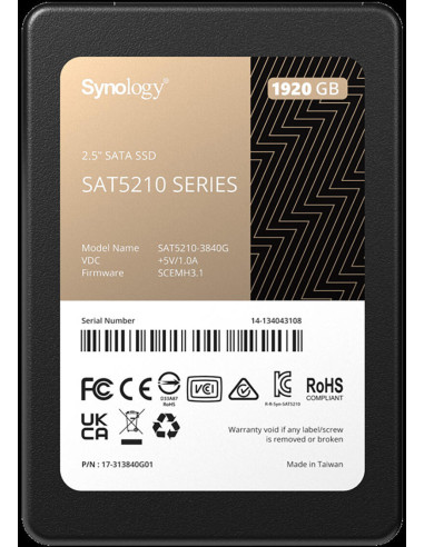 SAT5210-1920G,SYNOLOGY SSD SAT5210 1.92TB 2.5inch SATA 6Gb/s 530MB/s read 500MB/s write, "SAT5210-1920G"