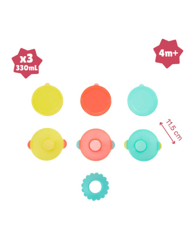 BB-B005108,Set 3 boluri colorate pentru mancare, cu suport inclus