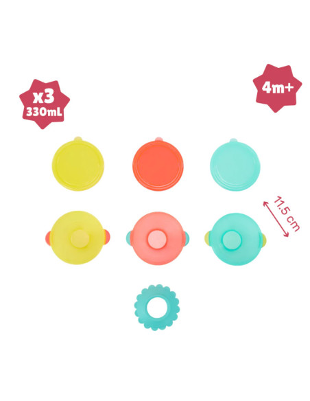 BB-B005108,Set 3 boluri colorate pentru mancare, cu suport inclus