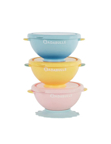 BB-B005108,Set 3 boluri colorate pentru mancare, cu suport inclus