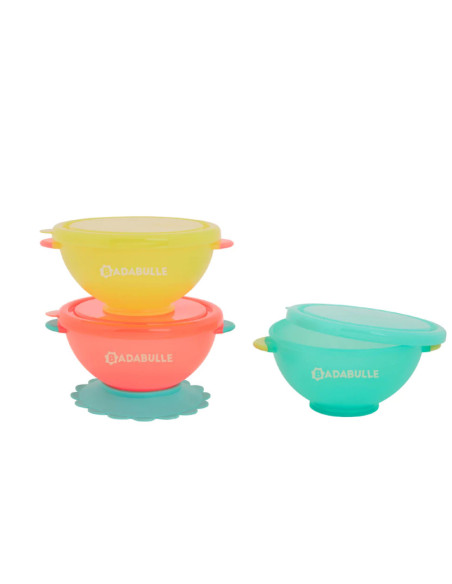 BB-B005108,Set 3 boluri colorate pentru mancare, cu suport inclus