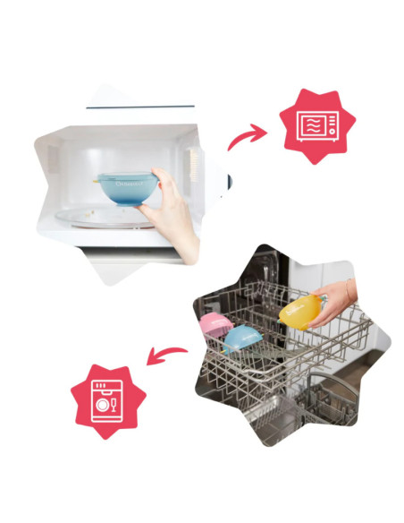 BB-B005108,Set 3 boluri colorate pentru mancare, cu suport inclus