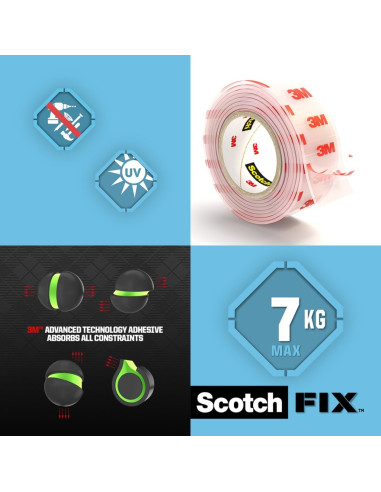 BAD085,Bandă dublu adezivă transparentă pentru montare, 19 mm x 1.5 m, Scotch-Fix™