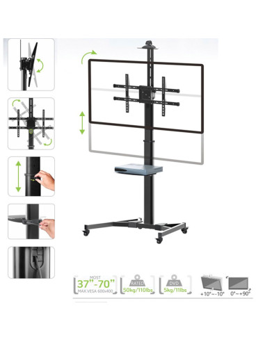 ICA-TR46,Stand TV mobil pe roti, raft pentru dispozitive multimedia, 37 - 70 inch, reglabil, TECHLY, negru, ICA-TR46 "ICA-TR46"