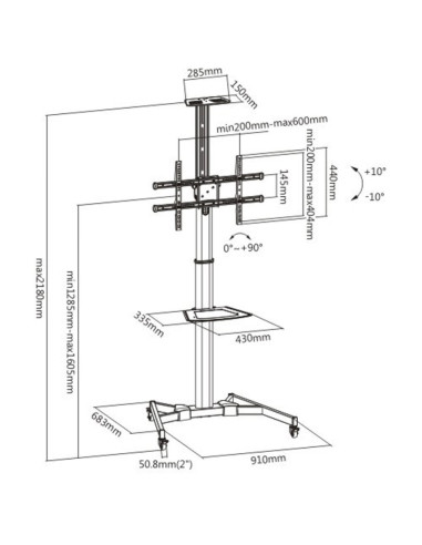 ICA-TR46,Stand TV mobil pe roti, raft pentru dispozitive multimedia, 37 - 70 inch, reglabil, TECHLY, negru, ICA-TR46 "ICA-TR46"