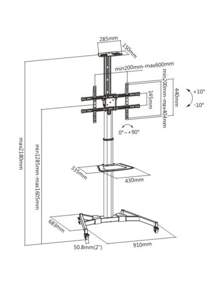 ICA-TR46,Stand TV mobil pe roti, raft pentru dispozitive multimedia, 37 - 70 inch, reglabil, TECHLY, negru, ICA-TR46 "ICA-TR46"