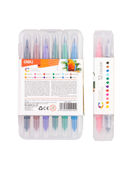 DLEC15112,Carioci cu varf pensula 12 culori cutie plastic deli