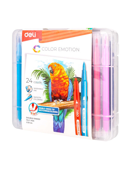 DLEC15124,Carioci cu varf pensula 24 culori cutie plastic deli