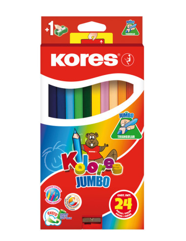KO93524,Creioane colorate 24 culori + ascutit. triunghiulare jumbo kores