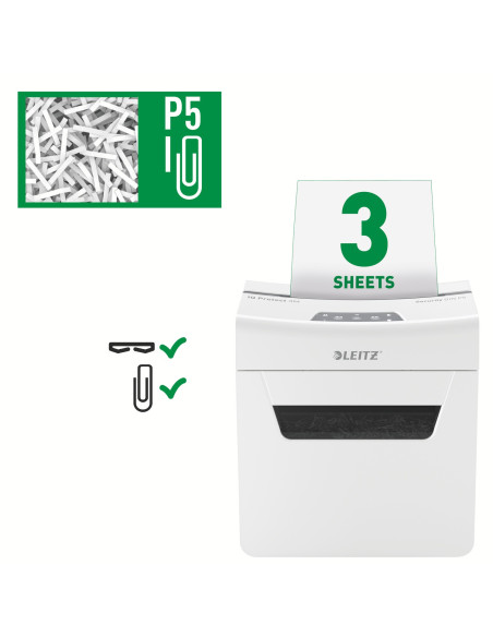 80930000,Distrugator manual documente Leitz IQ Protect 3M, 3 coli, P5, micro-cut (tip particule), cos 10 litri, alb, Leitz "8093