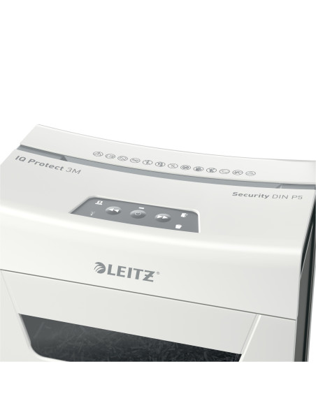 80930000,Distrugator manual documente Leitz IQ Protect 3M, 3 coli, P5, micro-cut (tip particule), cos 10 litri, alb, Leitz "8093