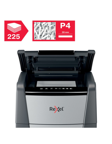 2020225XEU,Distrugator automat documente Rexel OPTIMUM 225X, 225 coli, P4, cross-cut (tip confeti), cos 60 litri, negru-gri, "20