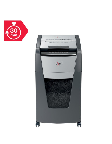 2020225XEU,Distrugator automat documente Rexel OPTIMUM 225X, 225 coli, P4, cross-cut (tip confeti), cos 60 litri, negru-gri, "20
