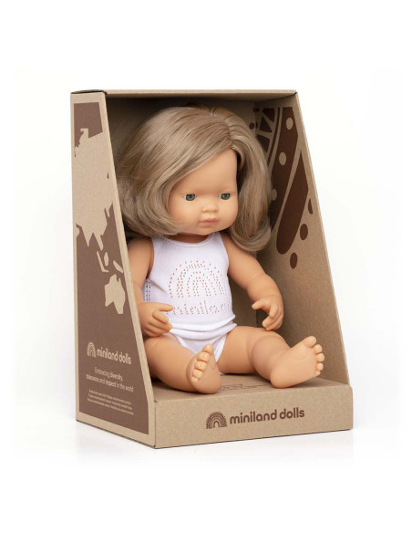 ML31260,Papusa educativa 38 cm Fetita caucaziana blond inchis