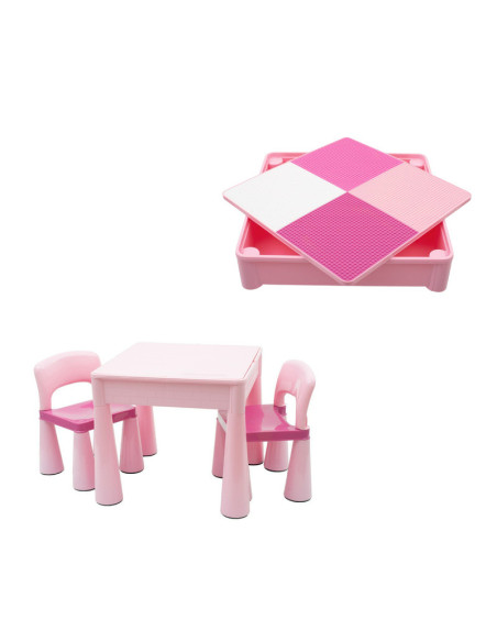 BN-39259,Set masuta si doua scaune pentru copii, Pink, Cu parte detasabila si reversibila, Partea reversibila pentru Lego Duplo,