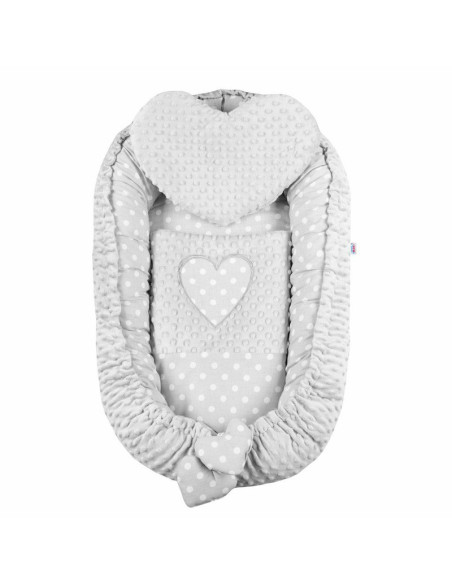 BN-39072,Set 3 piese Luxury, Baby Nest cu doua fete, Cu paturica si pernuta in forma de inima, New Baby, Minky Heart Grey