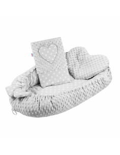 BN-39072,Set 3 piese Luxury, Baby Nest cu doua fete, Cu paturica si pernuta in forma de inima, New Baby, Minky Heart Grey 2