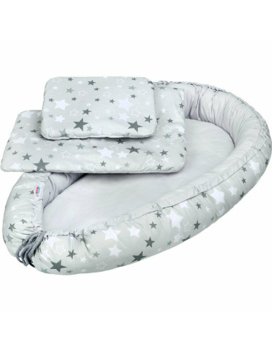 BN-33099,Set 3 piese, Baby Nest, Cu paturica si pernuta, New Baby, White/Grey stars