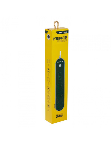 SRXS-PS33B,Prelungitor cu protectie Serioux, 3 prize universale, input 100-240V,50- 60Hz,output (Total): 2500W - 10A, 3 porturi 