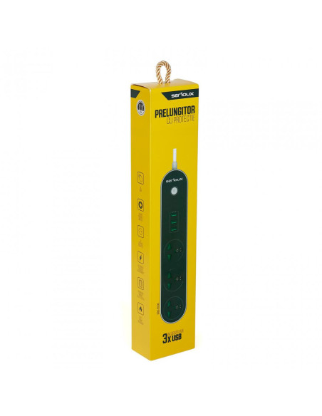 SRXS-PS33B,Prelungitor cu protectie Serioux, 3 prize universale, input 100-240V,50- 60Hz,output (Total): 2500W - 10A, 3 porturi 