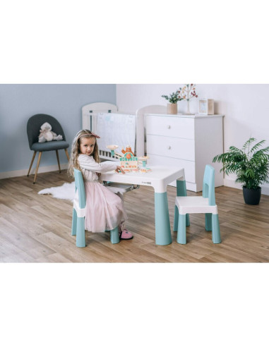 46637,Set masuta si doua scaune pentru copii, Neo, Cu doua sertare, Cu masa reglabila la doua inaltimi, FreeON, Verde