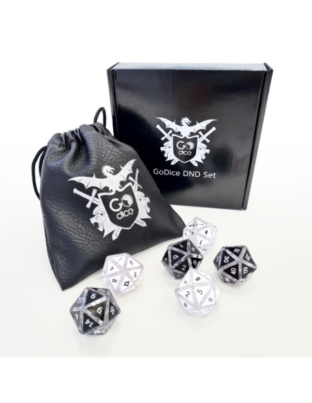 GDN1-DnDSET-Norm,Set 6 carcase zar GoDice RPG, 3 albe + 3 negre, saculet transport/depozitare