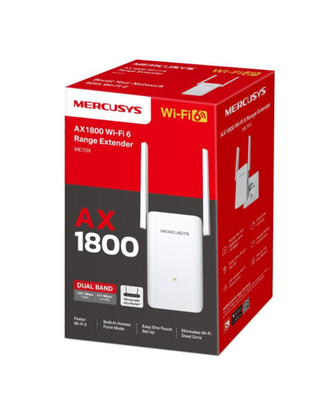 ME70X,Mercusys Ax1800 Wi-Fi Range Extender ME70X, Dual-Band, Standarde Wireless: IEEE 802.11a/n/ac/ax 5GHz, IEEE 802.11b/g/n/ax 