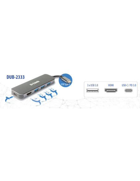 RY-DUB-2333,HUB extern D-LINK, porturi 3 x SuperSpeed USB 3.0, 1 x USB-C with data sync & power delivery up to 60W, 1 x HDMI 4k,