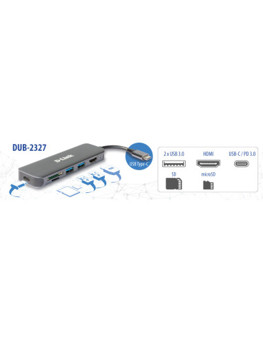 RY-DUB-2327,HUB extern D-LINK, porturi 2 x SuperSpeed USB 3.0, 1 x USB-C with data sync & power delivery up to 60W, 1 x HDMI 4k,