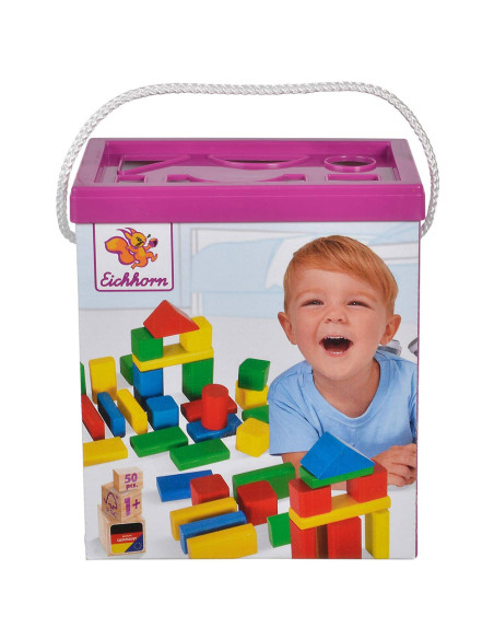 S100050161,Jucarie Eichhorn Cuburi in galetusa Coloured Wooden Blocks 50 piese