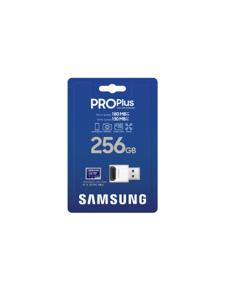 MB-MD256SB/WW,SAMSUNG PRO Plus microSD 256GB Up to 180MB/s Read and 130MB/s Write speed with Class 10 4K UHD incl. Card reader 2