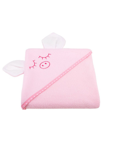BN-BOC0122,Qmini - Prosop cu gluga cu urechi, Din bumbac, Dimensiune mare 80x80 cm, Pink Piggy
