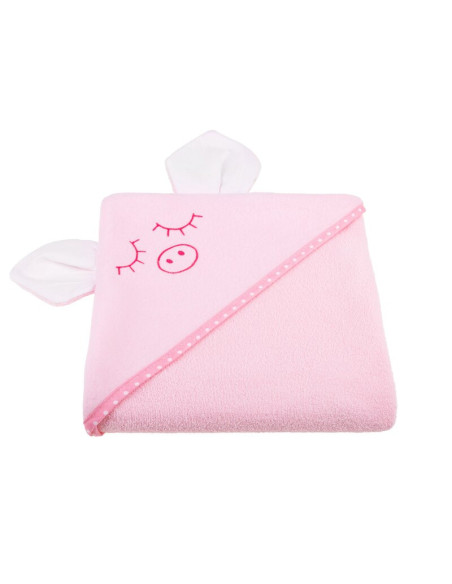 BN-BOC0122,Qmini - Prosop cu gluga cu urechi, Din bumbac, Dimensiune mare 80x80 cm, Pink Piggy