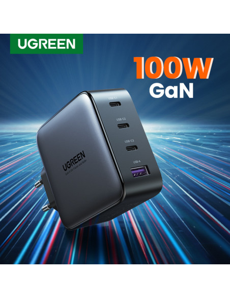 40747,Incarcator retea Ugreen, "CD226" Quick Charge 4, 100W GaN, 3 x USB Type-C 5V/3A, 1 x USB, negru "40747" (include timbru ve